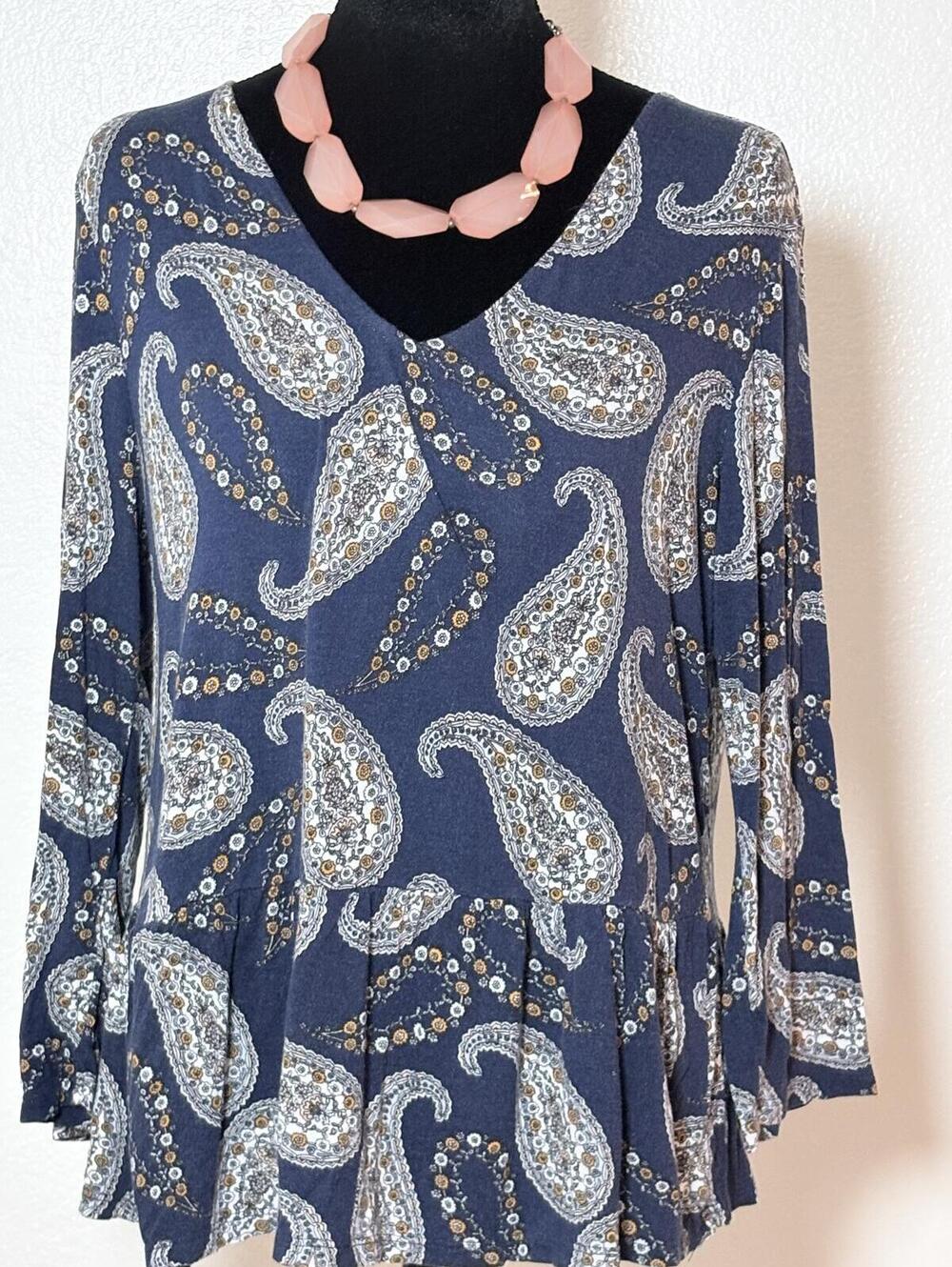 LOFT Navy Paisley Print Long Sleeve Swing Top — Size 1X